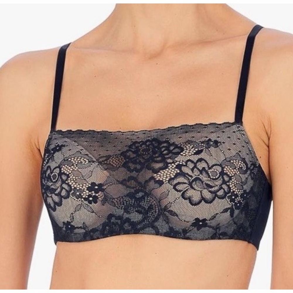 Natori Marquee Bra 36D Navy Blue Sheer Lace Cami Overlay Panel Underwire Padded